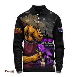 Brisbane Broncos Long Sleeve Polo Shirt Anzac Day Purple Poppy And Animals That Served