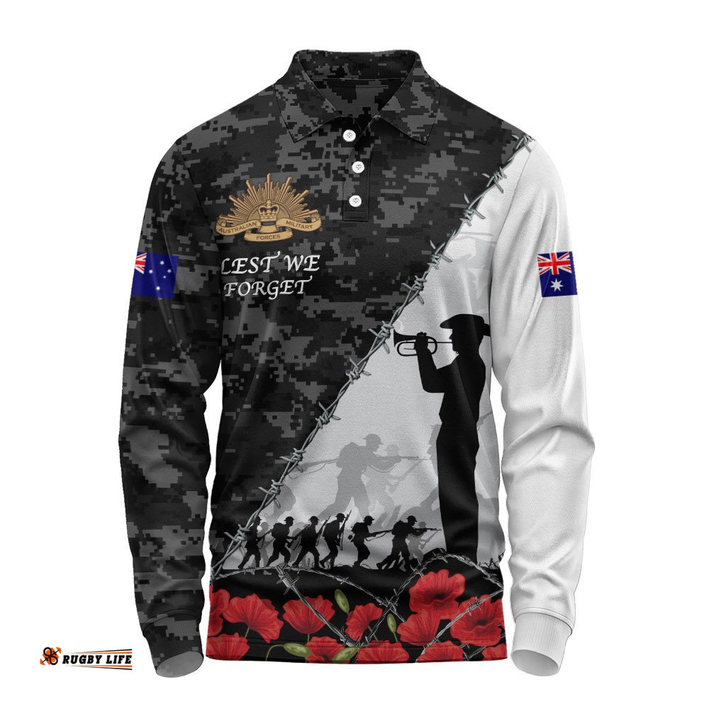 Australia Long Sleeve Polo Shirt Anzac Day Poppy And Barbed Wire Of Service