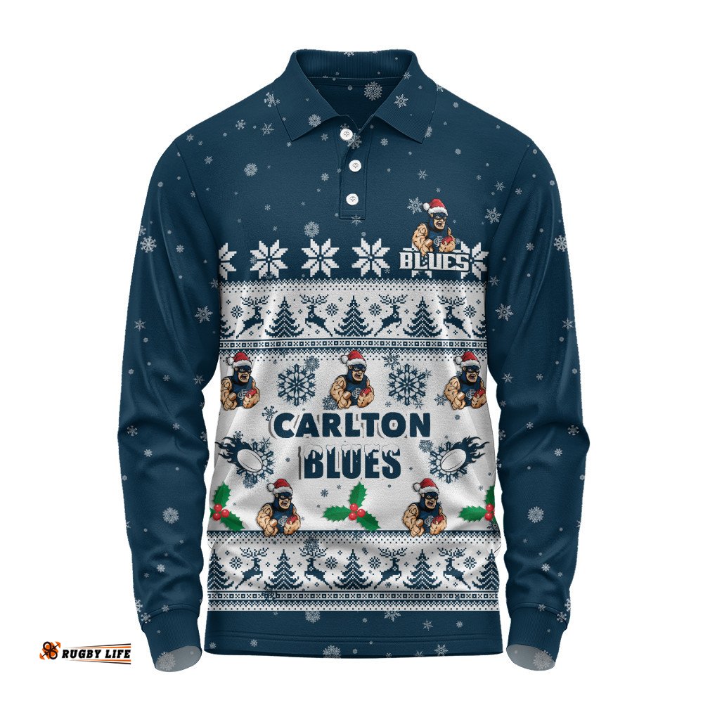 Carlton Long Sleeve Polo Shirt Special Ugly Christmas Holiday Footy Fans