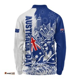 Australia Long Sleeve Polo Shirt Australia Day Kangaroo Surfboard Blue Skyline Celebration