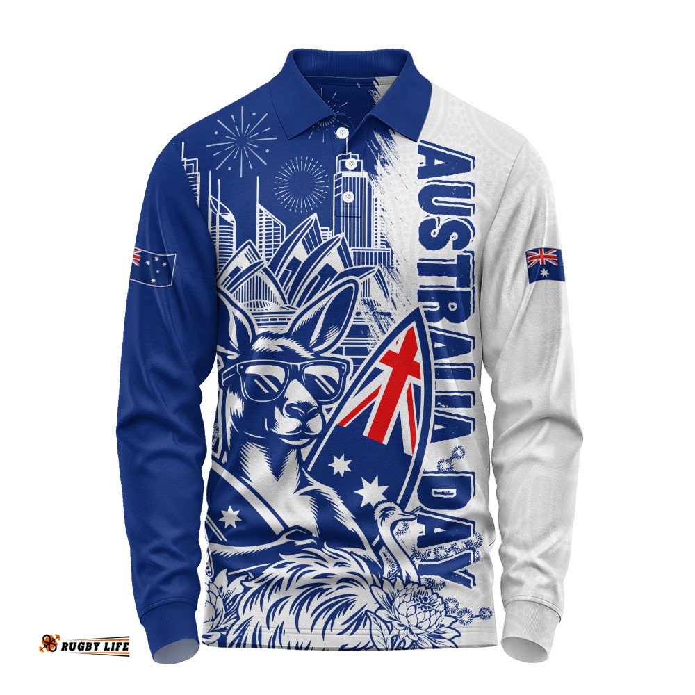 Australia Long Sleeve Polo Shirt Australia Day Kangaroo Surfboard Blue Skyline Celebration