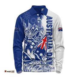 Australia Long Sleeve Polo Shirt Australia Day Kangaroo Surfboard Blue Skyline Celebration