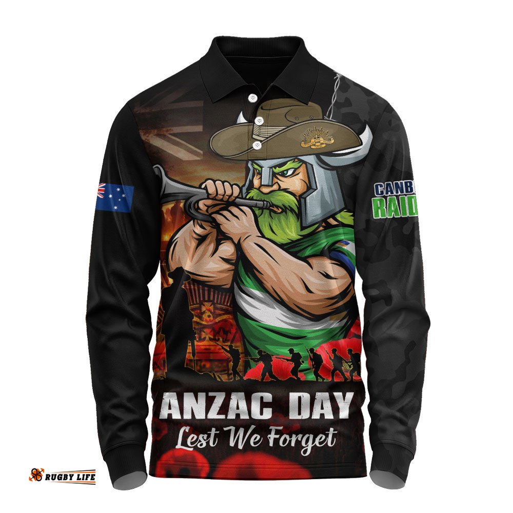 Canberra Raiders Long Sleeve Polo Shirt Anzac Day Rising Dawn Ceremony Lest We Forget Courage