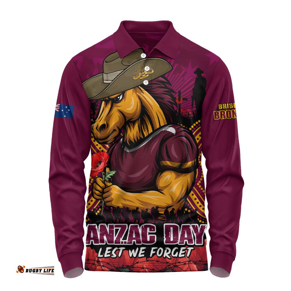 Brisbane Broncos Long Sleeve Polo Shirt Anzac Day Pride Of Service Eternal Memory
