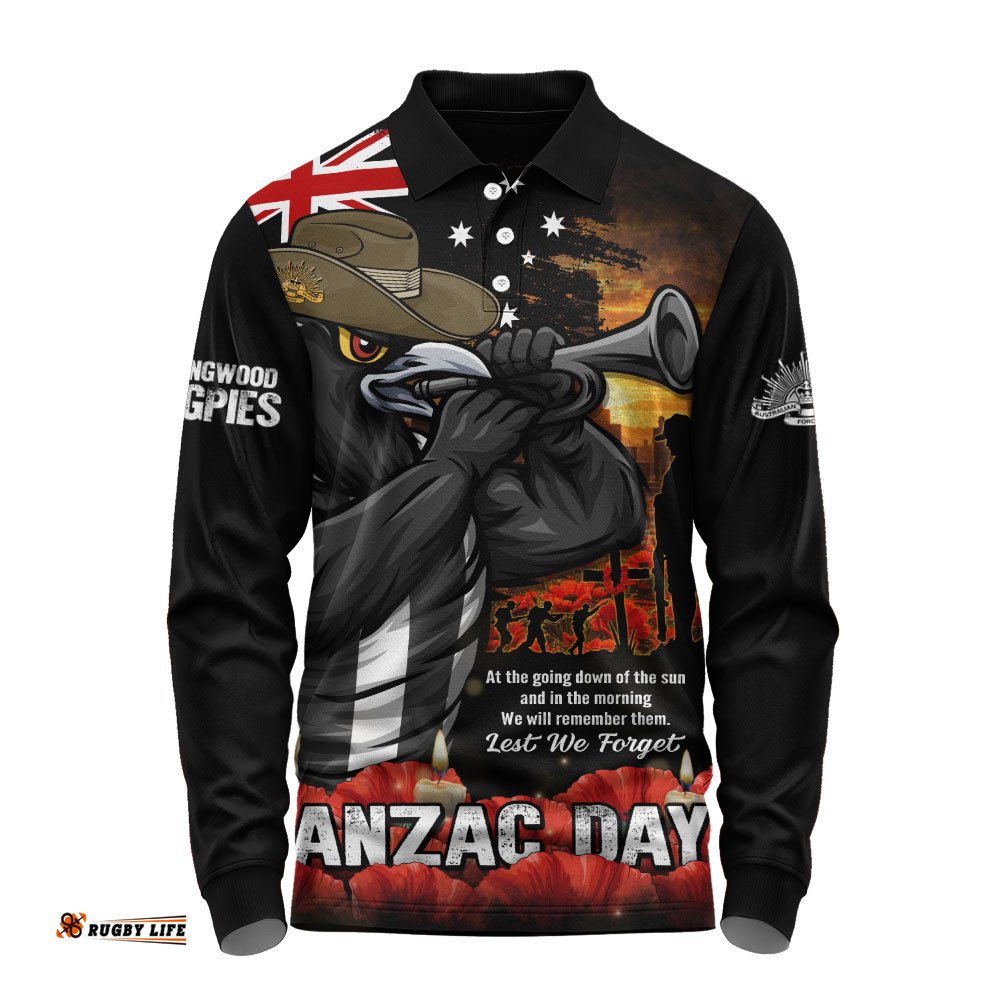 Collingwood Long Sleeve Polo Shirt Anzac Day Dawn Of Courage Eternal Tribute