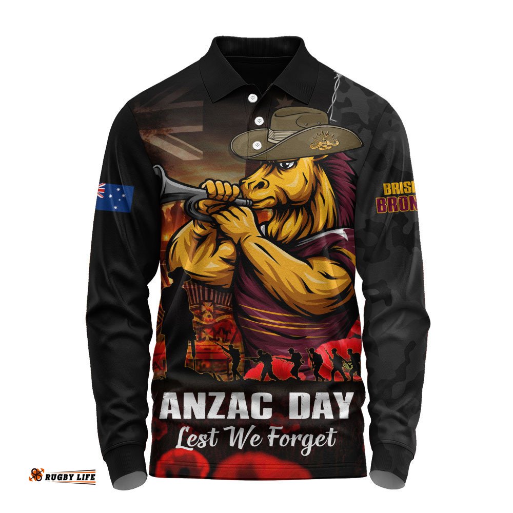 Brisbane Broncos Long Sleeve Polo Shirt Anzac Day Rising Dawn Ceremony Lest We Forget Courage