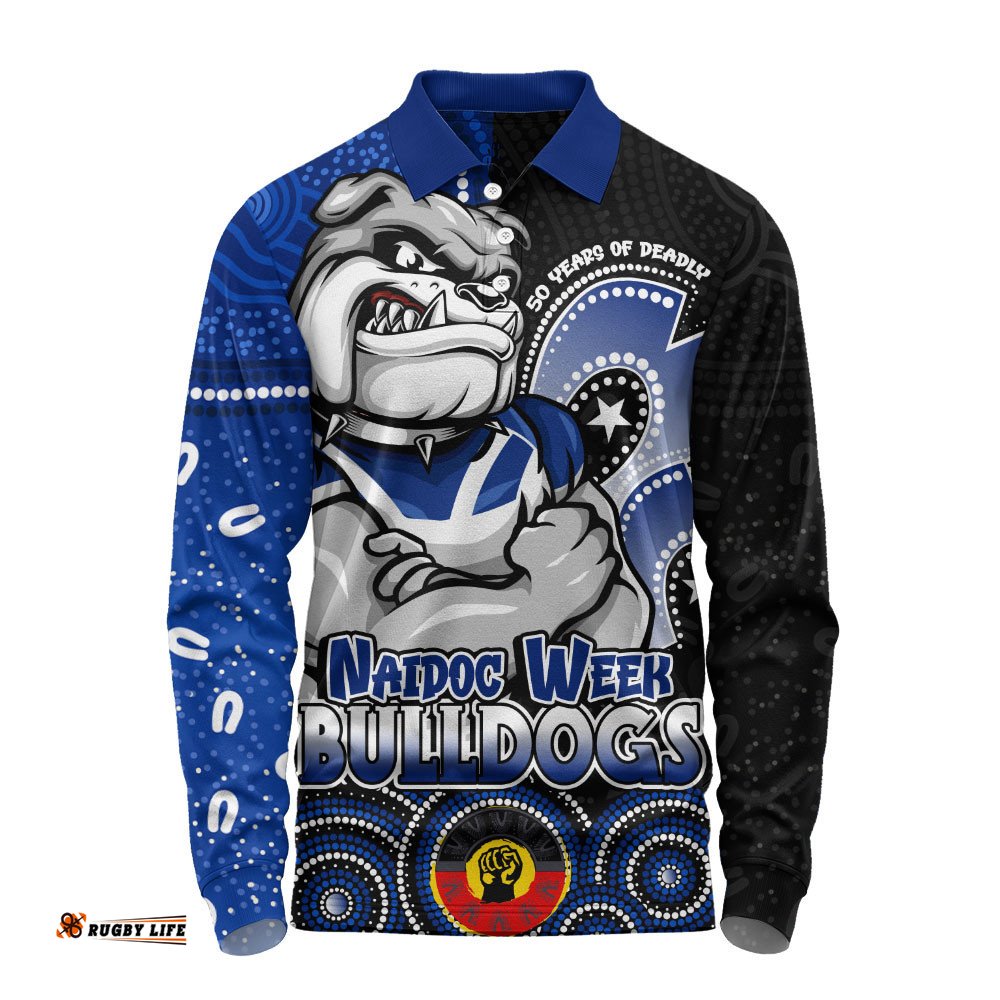 Canterbury-Bankstown Bulldogs Long Sleeve Polo Shirt NAIDOC Week 50 Years Of Deadly Indigenous Pattern