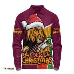 Brisbane Broncos Long Sleeve Polo Shirt Santa Scoring Touchdown On Christmas Game Day