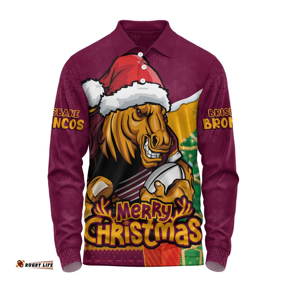 Brisbane Broncos Long Sleeve Polo Shirt Santa Scoring Touchdown On Christmas Game Day
