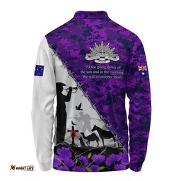 Australia Long Sleeve Polo Shirt Anzac Day Two Sides Of Service Purple Poppy Remembrance