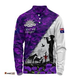 Australia Long Sleeve Polo Shirt Anzac Day Two Sides Of Service Purple Poppy Remembrance