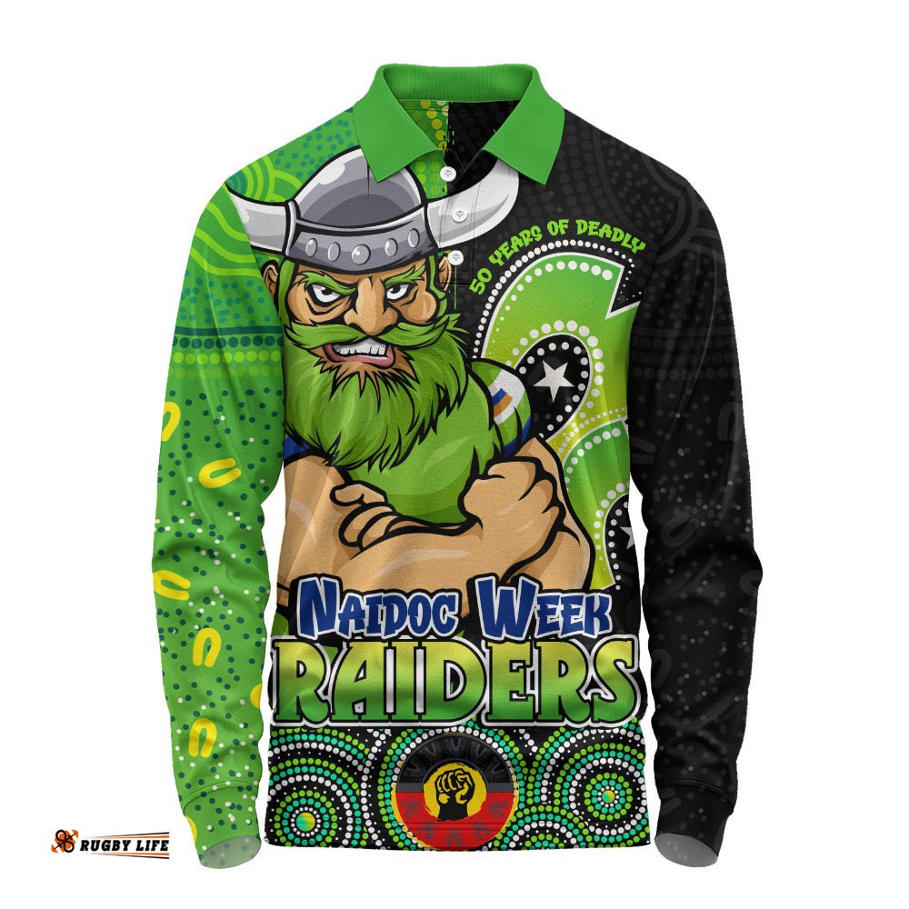Canberra Raiders Long Sleeve Polo Shirt NAIDOC Week 50 Years Of Deadly Indigenous Pattern