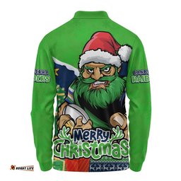 Canberra Raiders Long Sleeve Polo Shirt Santa Scoring Touchdown On Christmas Game Day