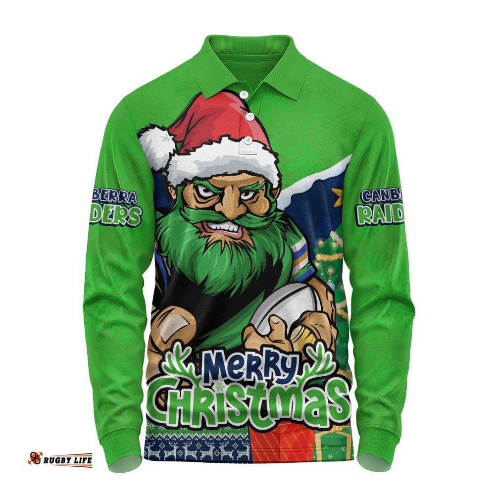 Canberra Raiders Long Sleeve Polo Shirt Santa Scoring Touchdown On Christmas Game Day
