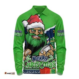 Canberra Raiders Long Sleeve Polo Shirt Santa Scoring Touchdown On Christmas Game Day