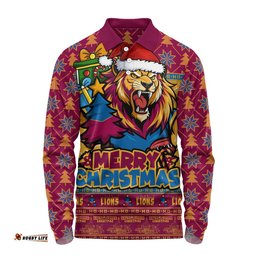 Brisbane Lions Long Sleeve Polo Shirt Festive Holiday Merry Christmas Vibe