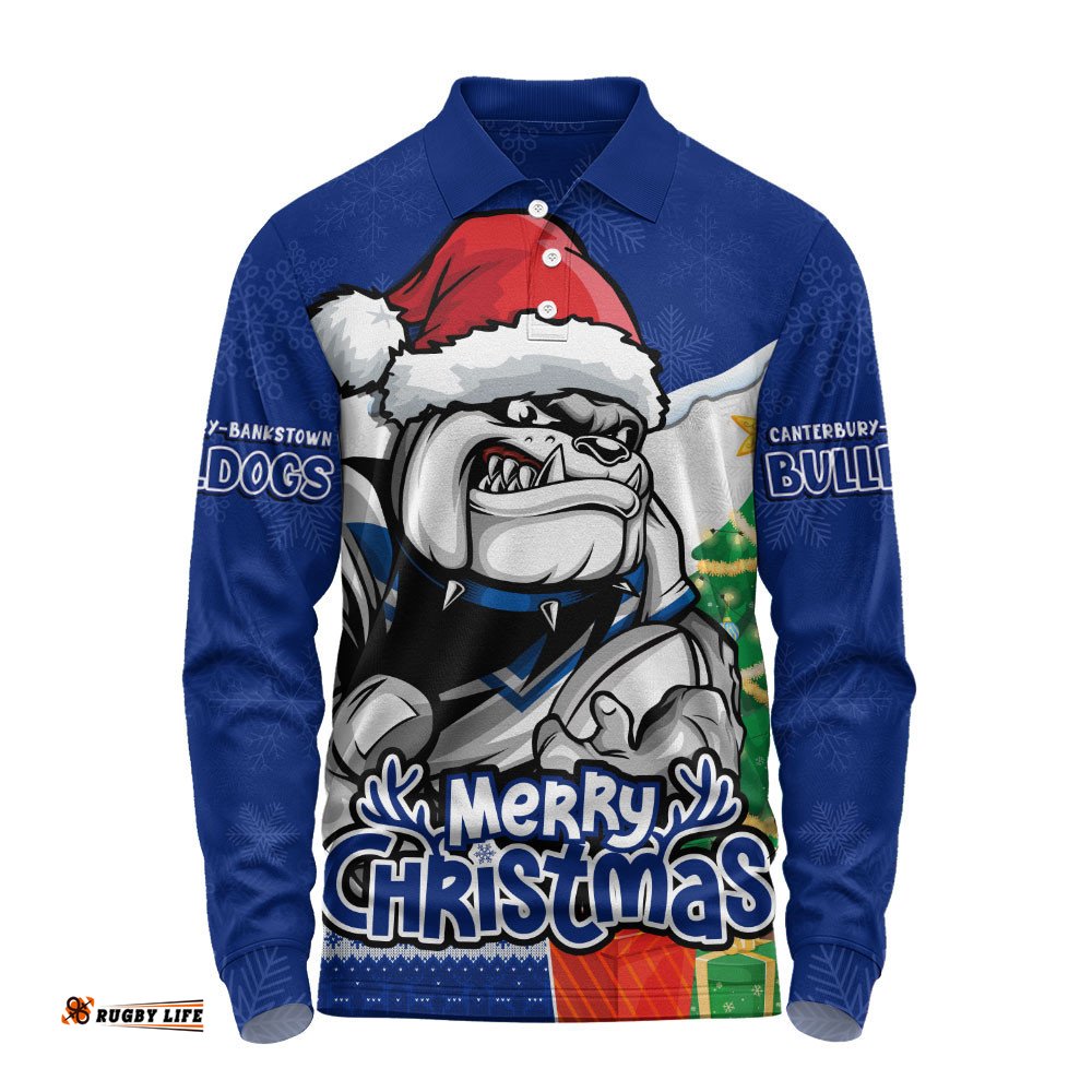 Canterbury-Bankstown Bulldogs Long Sleeve Polo Shirt Santa Scoring Touchdown On Christmas Game Day