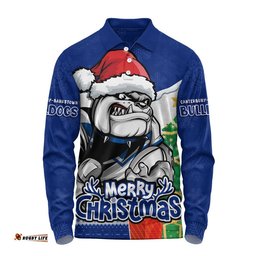 Canterbury-Bankstown Bulldogs Long Sleeve Polo Shirt Santa Scoring Touchdown On Christmas Game Day