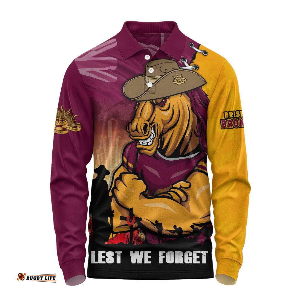 Brisbane Broncos Long Sleeve Polo Shirt Anzac Day Lest We Forget Silent Dawn