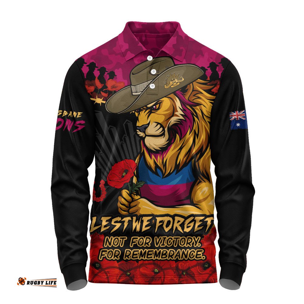 Brisbane Lions Long Sleeve Polo Shirt ANZAC Day Not For Victory For Remembrance