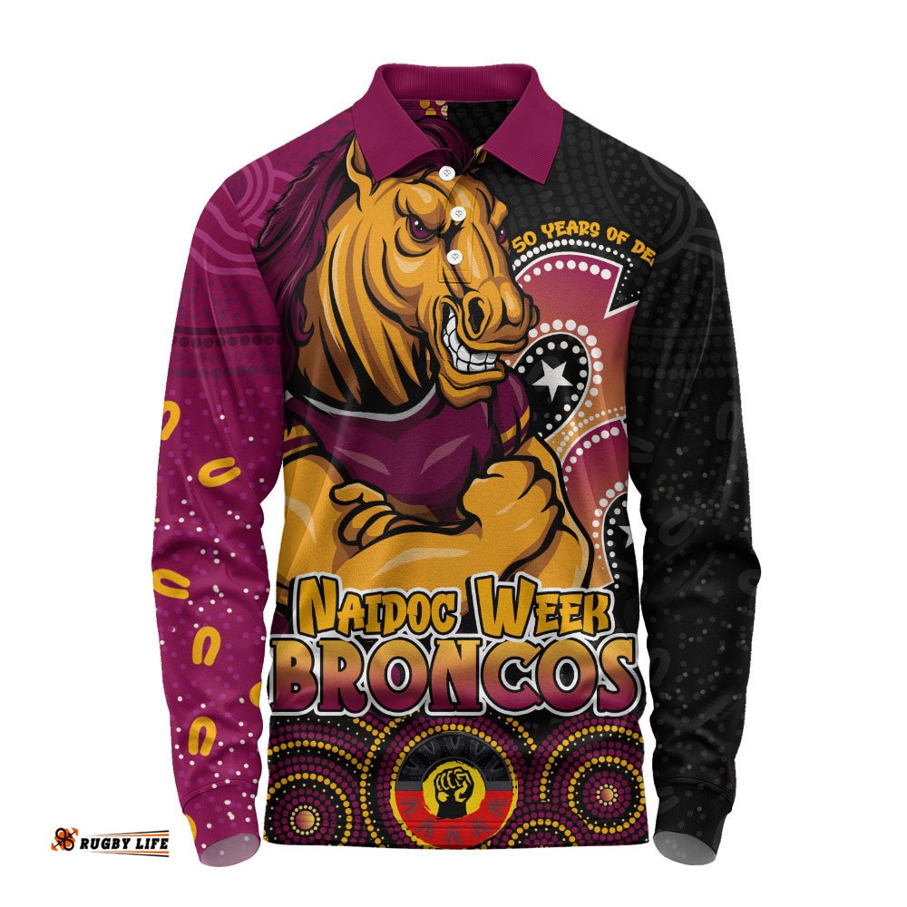 Brisbane Broncos Long Sleeve Polo Shirt NAIDOC Week 50 Years Of Deadly Indigenous Pattern