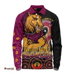 Brisbane Broncos Long Sleeve Polo Shirt NAIDOC Week 50 Years Of Deadly Indigenous Pattern
