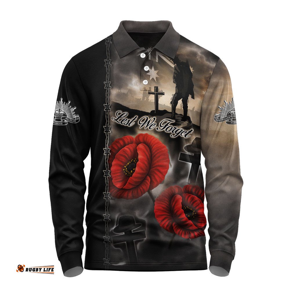 Australia Long Sleeve Polo Shirt Lest We Forget In Sacred Remembrance