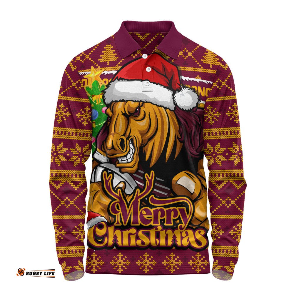 Brisbane Broncos Long Sleeve Polo Shirt Merry Christmas Game Day Knit Style Team Edition