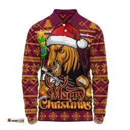 Brisbane Broncos Long Sleeve Polo Shirt Merry Christmas Game Day Knit Style Team Edition
