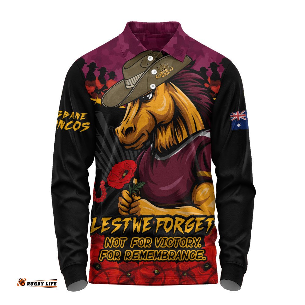 Brisbane Broncos Long Sleeve Polo Shirt ANZAC Day Red Poppy And Brave Hearts Remembrance