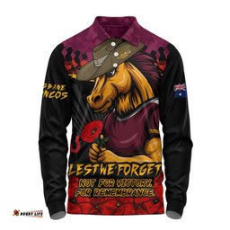Brisbane Broncos Long Sleeve Polo Shirt ANZAC Day Red Poppy And Brave Hearts Remembrance