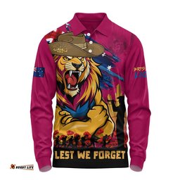Brisbane Lions Long Sleeve Polo Shirt ANZAC Inspired Football Fan Memorial Design