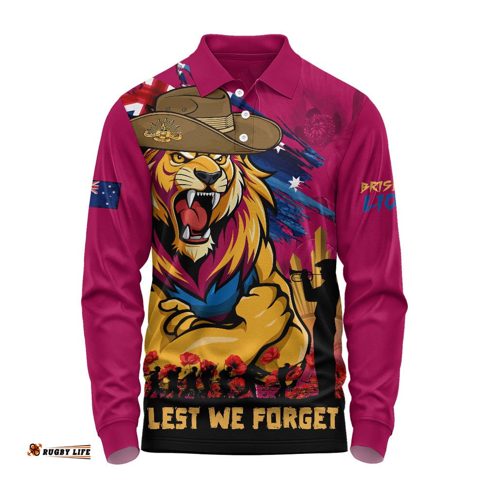 Brisbane Lions Long Sleeve Polo Shirt ANZAC Inspired Football Fan Memorial Design