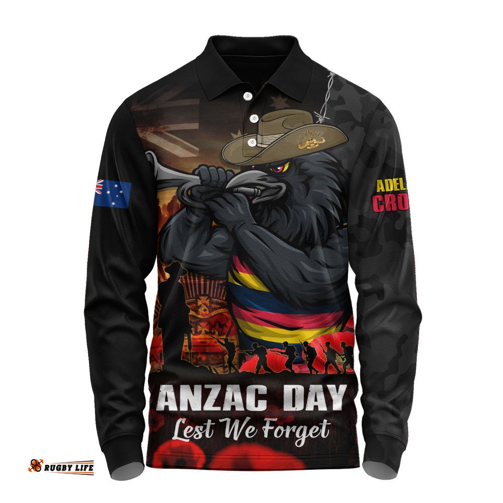 Adelaide Crows Long Sleeve Polo Shirt ANZAC Day Lest We Forget Red Poppy And Honor The Brave Tribute
