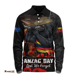 Adelaide Crows Long Sleeve Polo Shirt ANZAC Day Lest We Forget Red Poppy And Honor The Brave Tribute