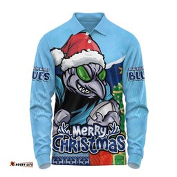 New South Wales Blues Long Sleeve Polo Shirt Santa Scoring Touchdown On Christmas Game Day