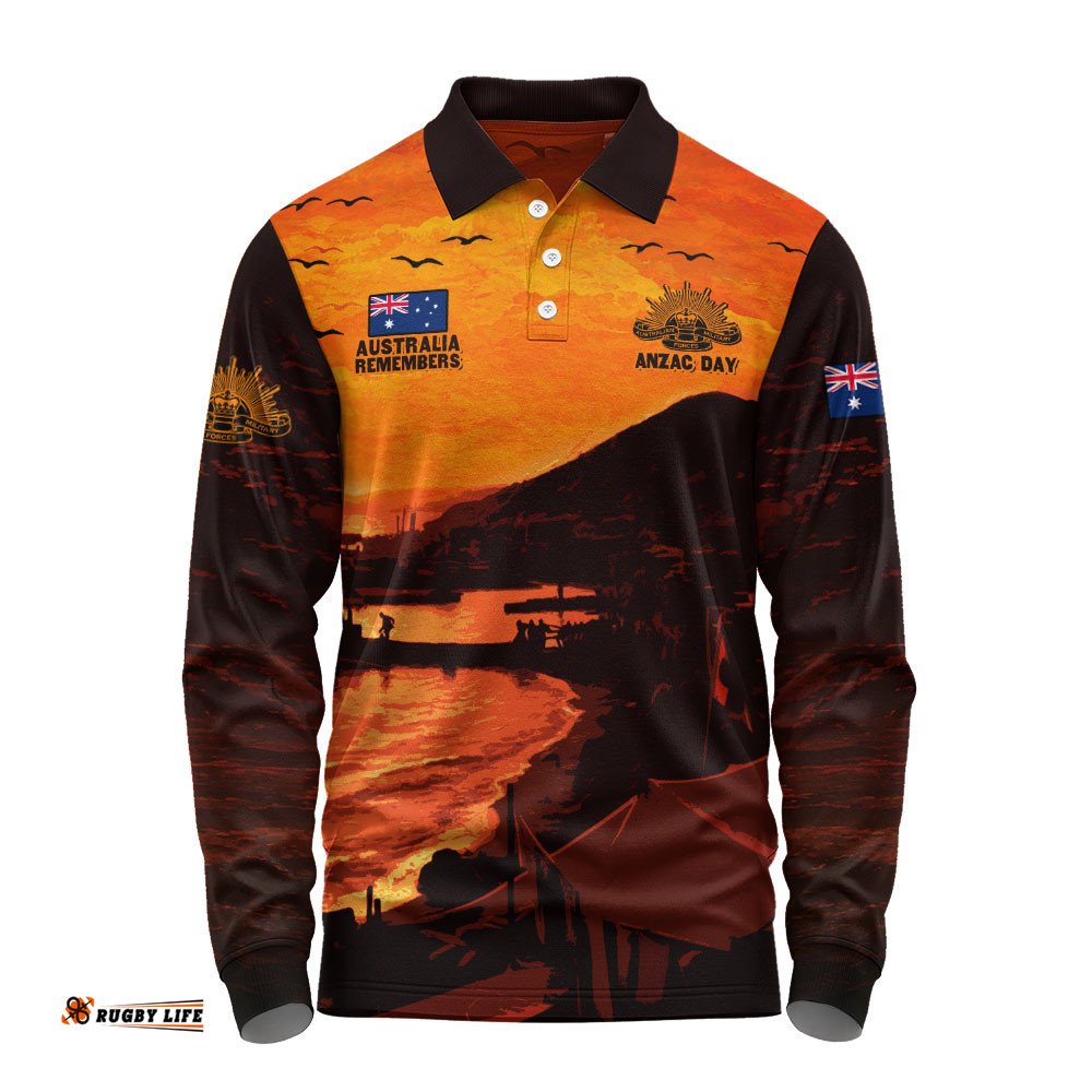 Australia Long Sleeve Polo Shirt Australia Remembers In Sacred Dawn