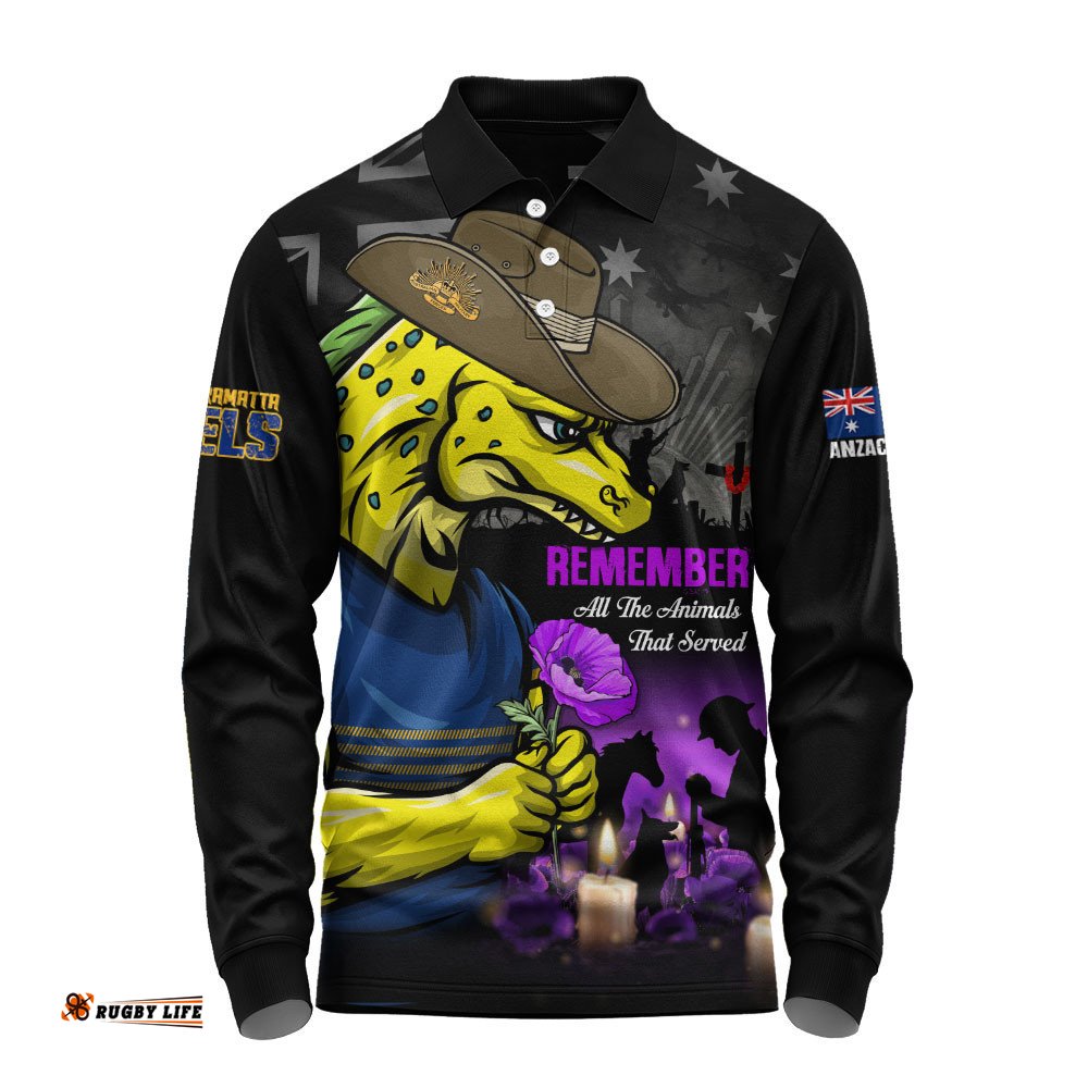 Parramatta Eels Long Sleeve Polo Shirt Anzac Day Purple Poppy And Animals That Served