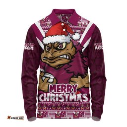 Queensland Maroons Long Sleeve Polo Shirt Merry Christmas Festive Spirit Edition