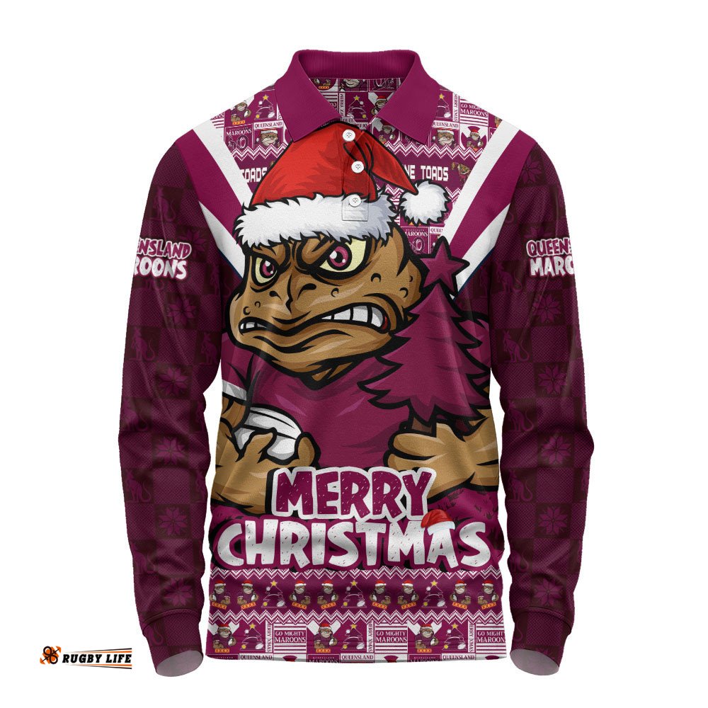 Queensland Maroons Long Sleeve Polo Shirt Merry Christmas Festive Spirit Edition
