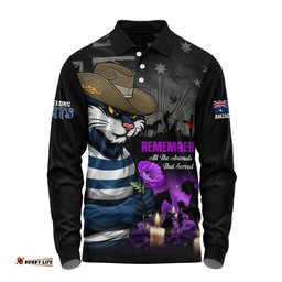 Geelong Cats Long Sleeve Polo Shirt Anzac Day In Memory Of Animals That Served