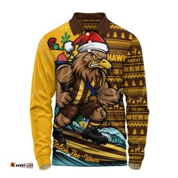 Hawthorn Long Sleeve Polo Shirt Christmas Holiday Santa Rides The Waves