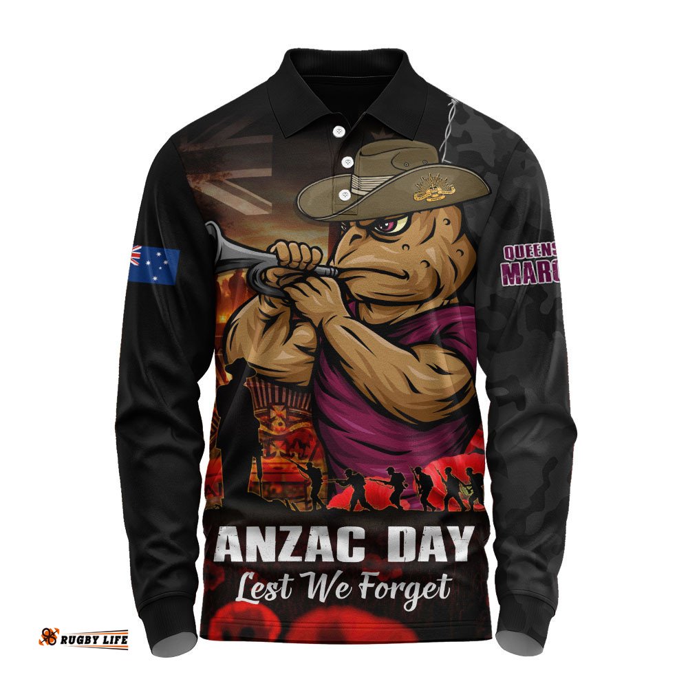 Queensland Maroons Long Sleeve Polo Shirt Anzac Day Rising Dawn Ceremony Lest We Forget Courage