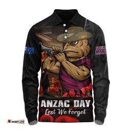 Queensland Maroons Long Sleeve Polo Shirt Anzac Day Rising Dawn Ceremony Lest We Forget Courage