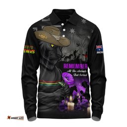 Penrith Panthers Long Sleeve Polo Shirt Anzac Day Purple Poppy And Animals That Served