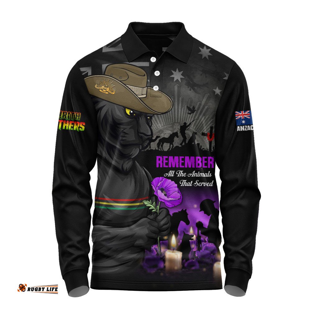 Penrith Panthers Long Sleeve Polo Shirt Anzac Day Purple Poppy And Animals That Served