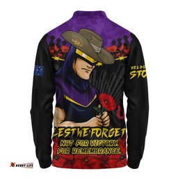 Melbourne Storm Long Sleeve Polo Shirt ANZAC Day Red Poppy And Brave Hearts Remembrance
