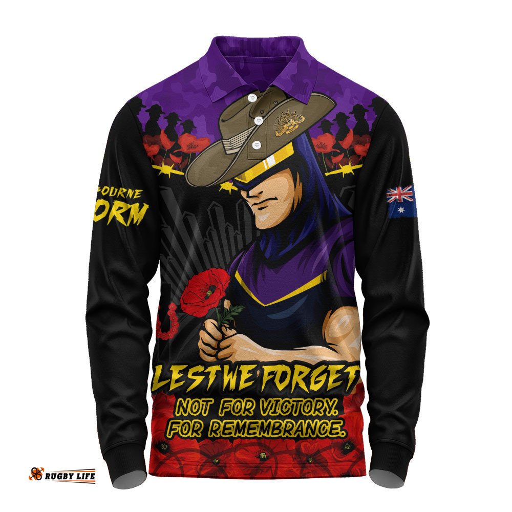Melbourne Storm Long Sleeve Polo Shirt ANZAC Day Red Poppy And Brave Hearts Remembrance