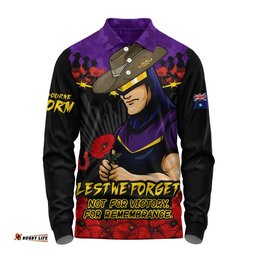 Melbourne Storm Long Sleeve Polo Shirt ANZAC Day Red Poppy And Brave Hearts Remembrance