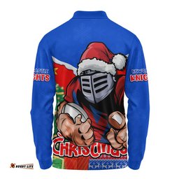 Newcastle Knights Long Sleeve Polo Shirt Santa Scoring Touchdown On Christmas Game Day